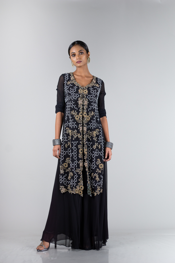 Peach readymade suit with floral vine embroidered crop top, full-sleeve  embroidery long shrug & sharara pants